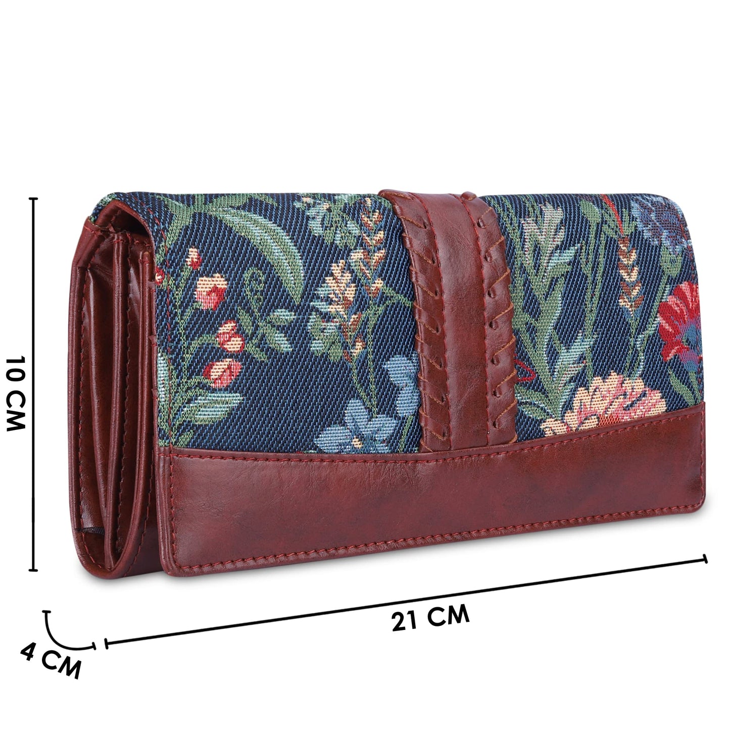 THE CLOWNFISH Serina Collection Tapestry Fabric & Faux Leather Snap Flap Style Womens Wallet Clutch Ladies Purse with Card Holders (Navy Blue-Floral)