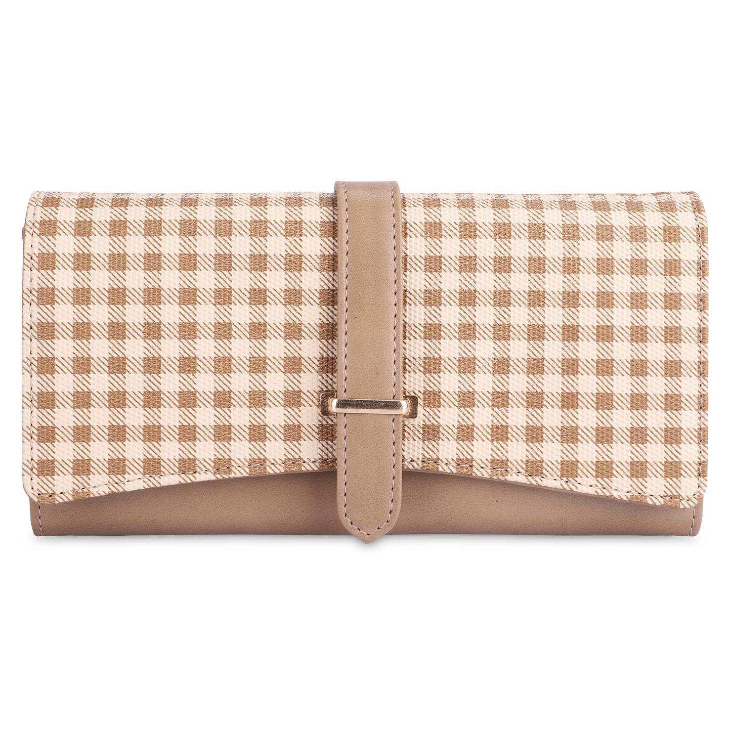 THE CLOWNFISH Dhanvi Collection PVC Checks Design Snap Flap Closure Womens Wallet Clutch Ladies Purse with Multiple Card Holders (Light Brown)