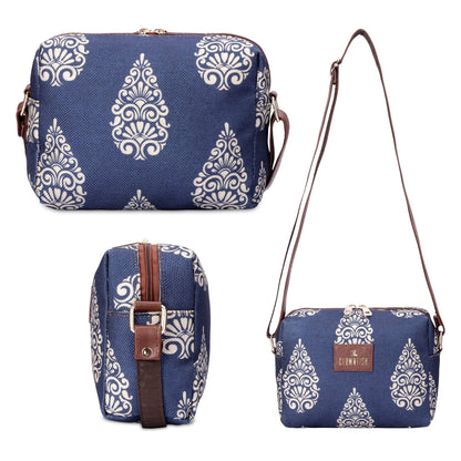 THE CLOWNFISH Isla Printed Handicraft Fabric Crossbody Sling bag for Women Casual Party Bag Purse with Adjustable Shoulder Strap for Ladies College Girls (Navyblue-Design)