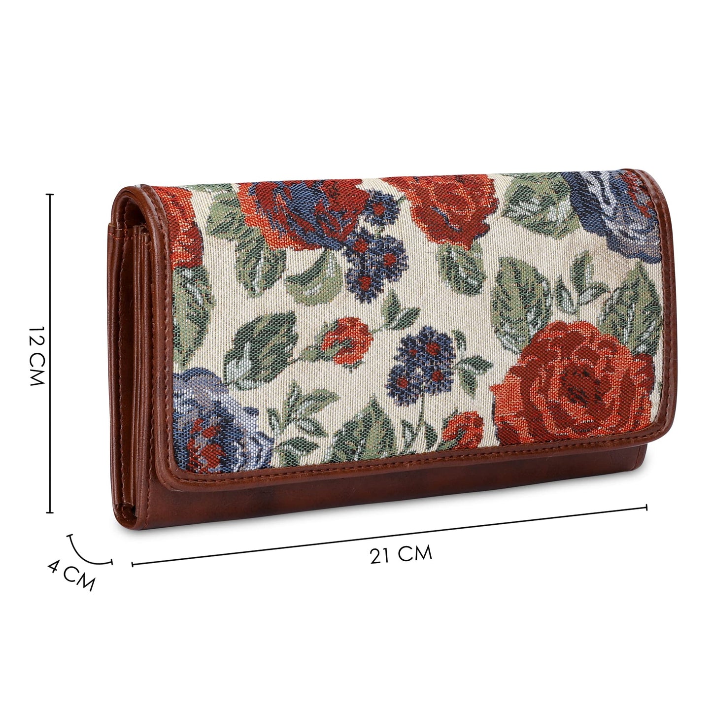 THE CLOWNFISH Sharon Collection Tapestry Fabric & Faux Leather Snap Flap Closure Womens Wallet Clutch Ladies Purse with Multiple Card Holders (Red-Floral)