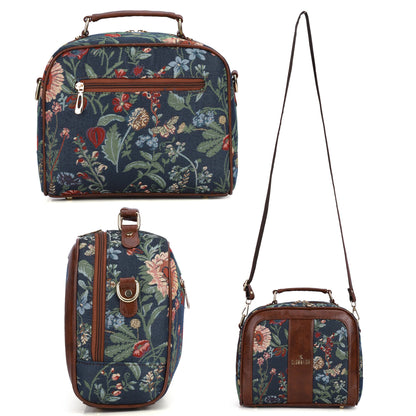 THE CLOWNFISH Elsie Series Tapestry Crossbody Sling Bag for Women Ladies Handbag Single Shoulder Bag with Shoulder Belt (NavyBlue- Floral)