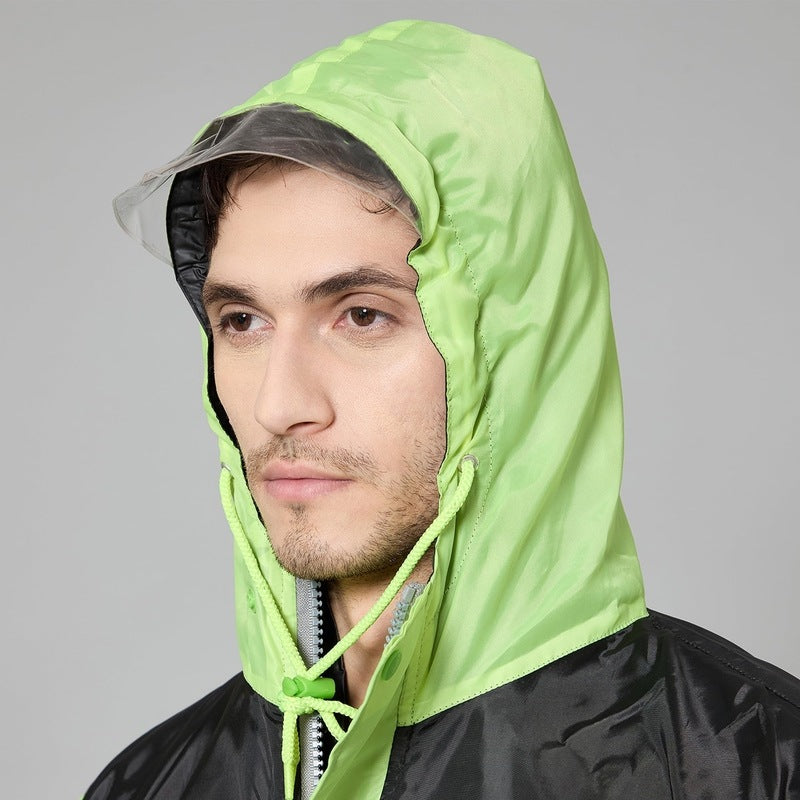 THE CLOWNFISH Raincoats for Men Waterproof Reversible for Bike Double Layer with Hood Rain Coat for Men. Set of Top and Bottom. Color Block Series (Black/Neon, L)