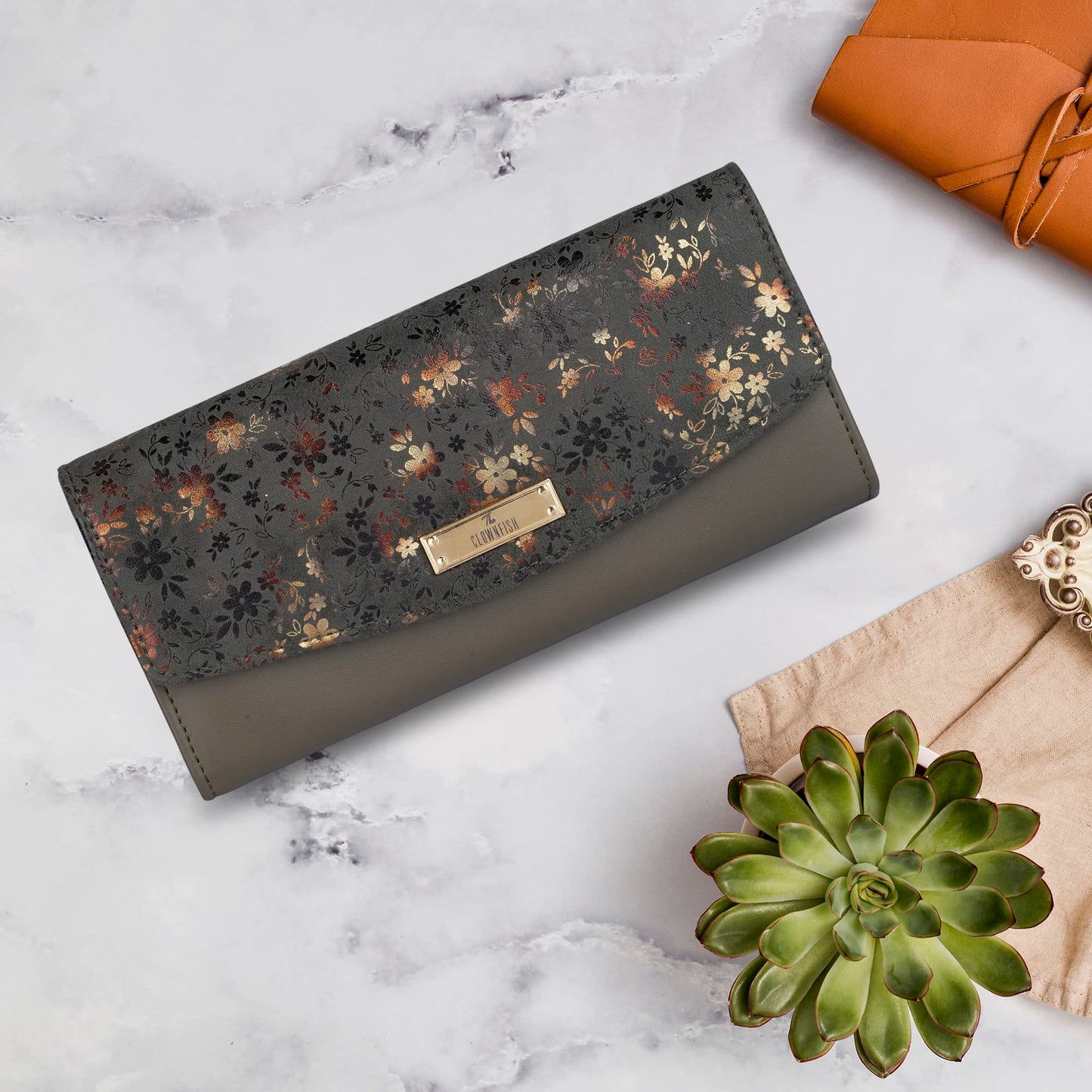 THE CLOWNFISH Jacinta Collection Womens Wallet Clutch Ladies Purse with Floral Design On Flap & Multiple Card Slots (Mehendi)