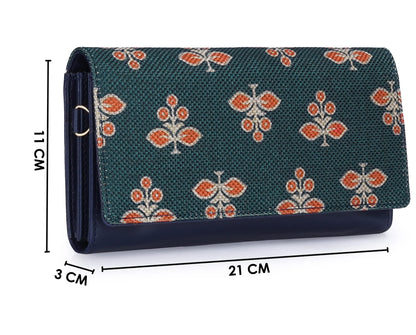 The Clownfish Women Jolene Printed Handicraft Fabric & Vegan Leather Ladies Wallet Purse Sling Bag with Multiple Card Slots & Shoulder Belt (Dark Green)