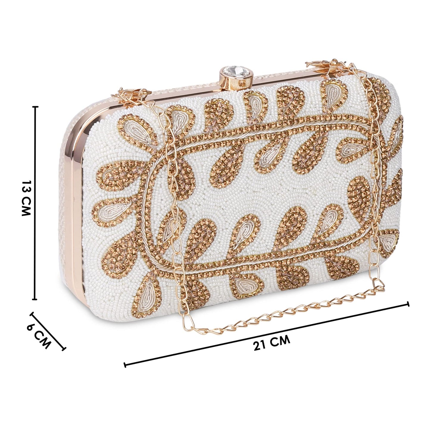 THE CLOWNFISH Angela Collection Womens Party Clutch Ladies Wallet Evening Bag with Fashionable Round Corners Beads Work Floral Design (White)