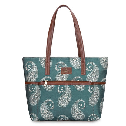 THE CLOWNFISH Concetta Printed Handicraft Fabric & Faux Leather Handbag for Women Office Bag Ladies Shoulder Bag Tote For Women College Girls (Fern Green)