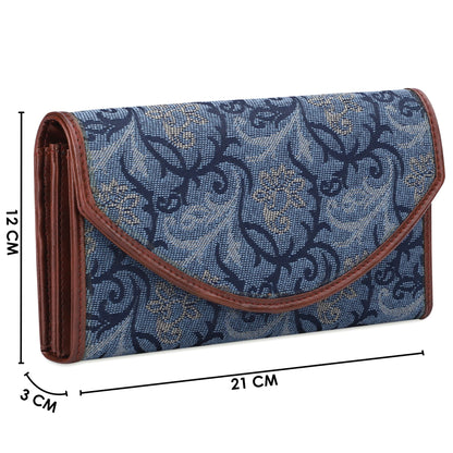 THE CLOWNFISH Mia Collection Tapestry Fabric & Faux Leather Snap Flap Closure Womens Wallet Clutch Ladies Purse with Multiple Card Holders (Blue-Floral)