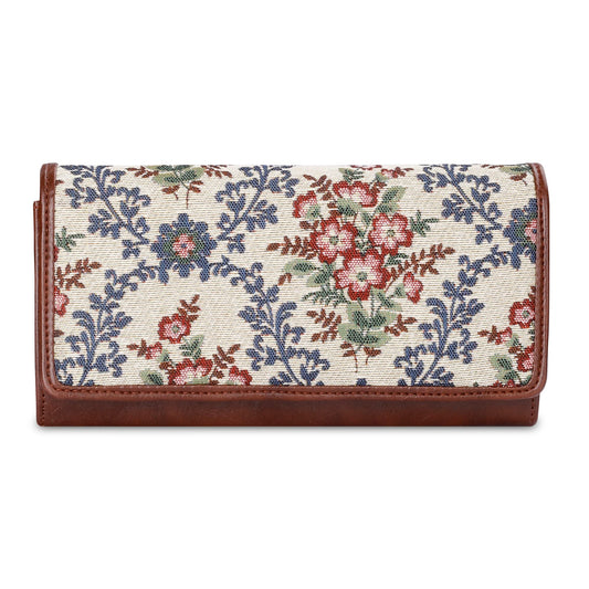 THE CLOWNFISH Sharon Collection Tapestry Fabric & Faux Leather Snap Flap Closure Womens Wallet Clutch Ladies Purse with Multiple Card Holders (Pink-Floral)