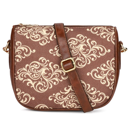 THE CLOWNFISH Garnet Series Printed Handicraft Fabric & Tapestry Crossbody Sling Bag for Women Ladies Single Shoulder Bag Shoulder Belt (Brown)