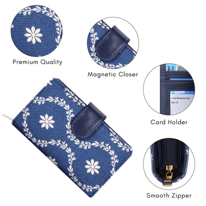 THE CLOWNFISH Fab Series Printed Handicraft Fabric & Vegan Leather Ladies Wallet Clutch Purse for Women Girls with Multiple Compartments (Royal Blue)