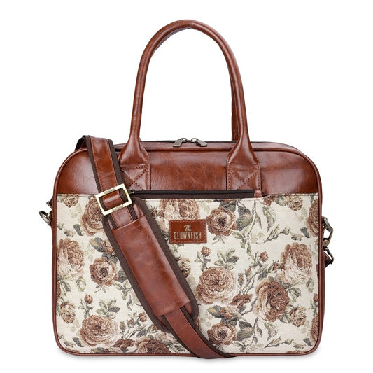 THE CLOWNFISH Deborah series 15.6 inch Laptop Bag For Women Tapestry Fabric & Faux Leather Office Bag Briefcase Messenger Sling Handbag Business Bag (Brown-Floral)