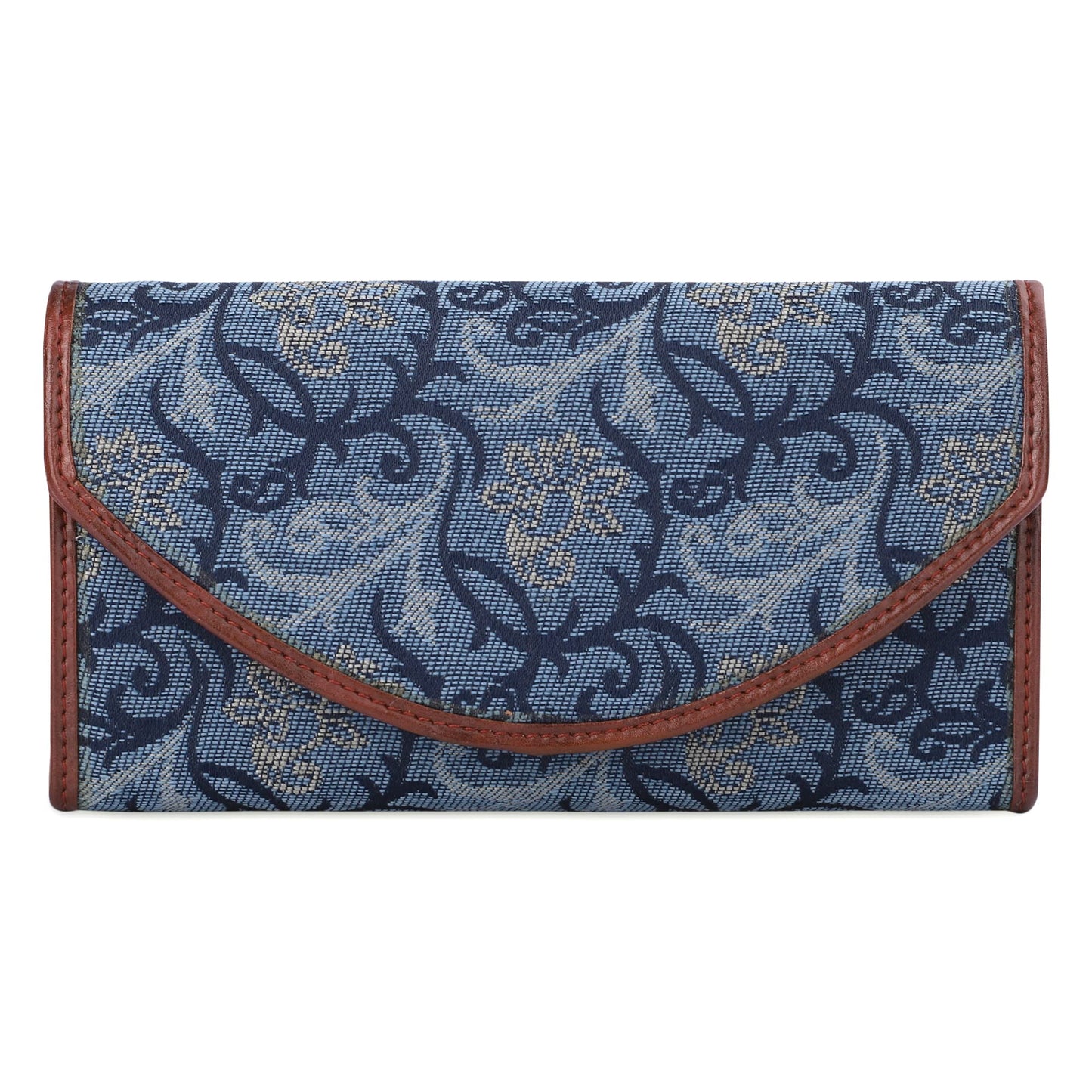 THE CLOWNFISH Mia Collection Tapestry Fabric & Faux Leather Snap Flap Closure Womens Wallet Clutch Ladies Purse with Multiple Card Holders (Blue-Floral)