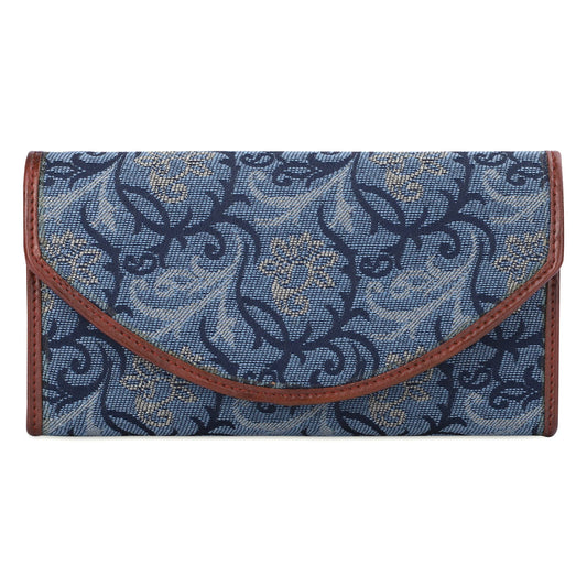 THE CLOWNFISH Mia Collection Tapestry Fabric & Faux Leather Snap Flap Closure Womens Wallet Clutch Ladies Purse with Multiple Card Holders (Blue-Floral)