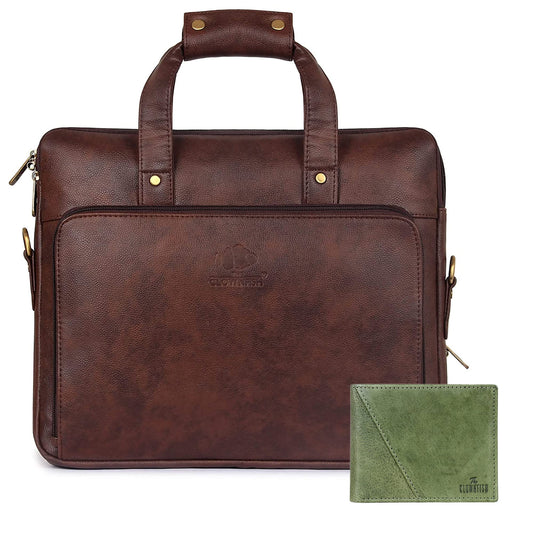 THE CLOWNFISH Combo Of Milan Series Faux Leather 14 inch Laptop Briefcase (Dark Brown) RFID Protected Genuine Leather Bi-Fold Wallet (Moss Green)