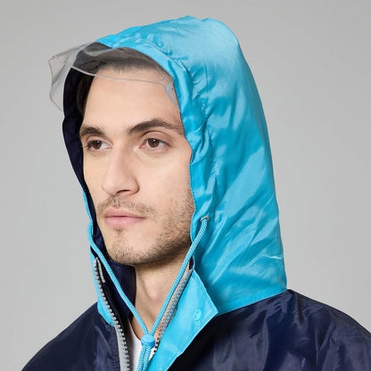 THE CLOWNFISH Raincoats for Men Waterproof Reversible for Bike Double Layer with Hood Rain Coat for Men. Set of Top and Bottom. Color Block Series (Dark Blue/Light Blue, 2XL)