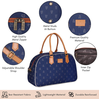 The Clownfish Ziana Series 24 litres Tapestry & Faux Leather Unisex Travel Duffle Bag Luggage Weekender Bag (Denim Blue)