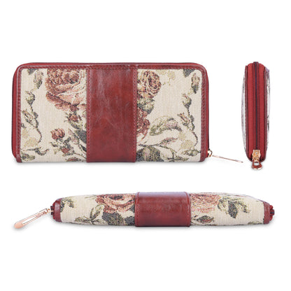 THE CLOWNFISH Aria Collection Tapestry Fabric & Faux Leather Zip Around Style Womens Wallet Clutch Ladies Purse with Card Holders (Brown- Floral)