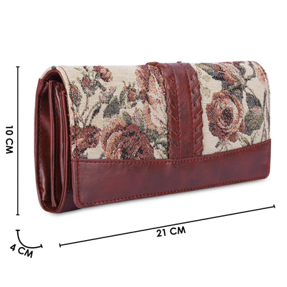 THE CLOWNFISH Serina Collection Tapestry Fabric & Faux Leather Snap Flap Style Womens Wallet Clutch Ladies Purse with Card Holders (Brown-Floral)