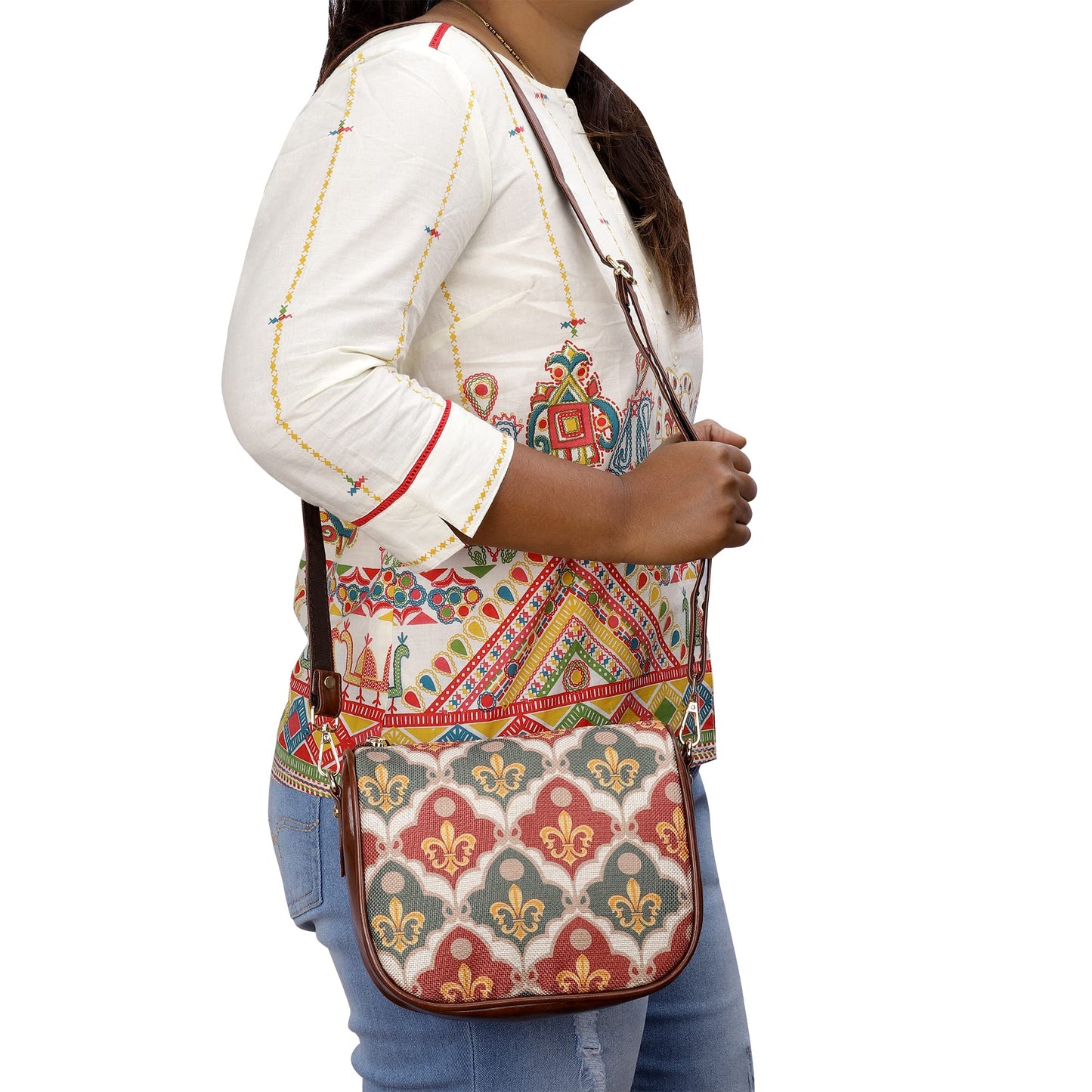 THE CLOWNFISH Garnet Series Printed Handicraft Fabric & Tapestry Crossbody Sling Bag for Women Ladies Single Shoulder Bag Shoulder Belt (Pink-Rangoli Design)