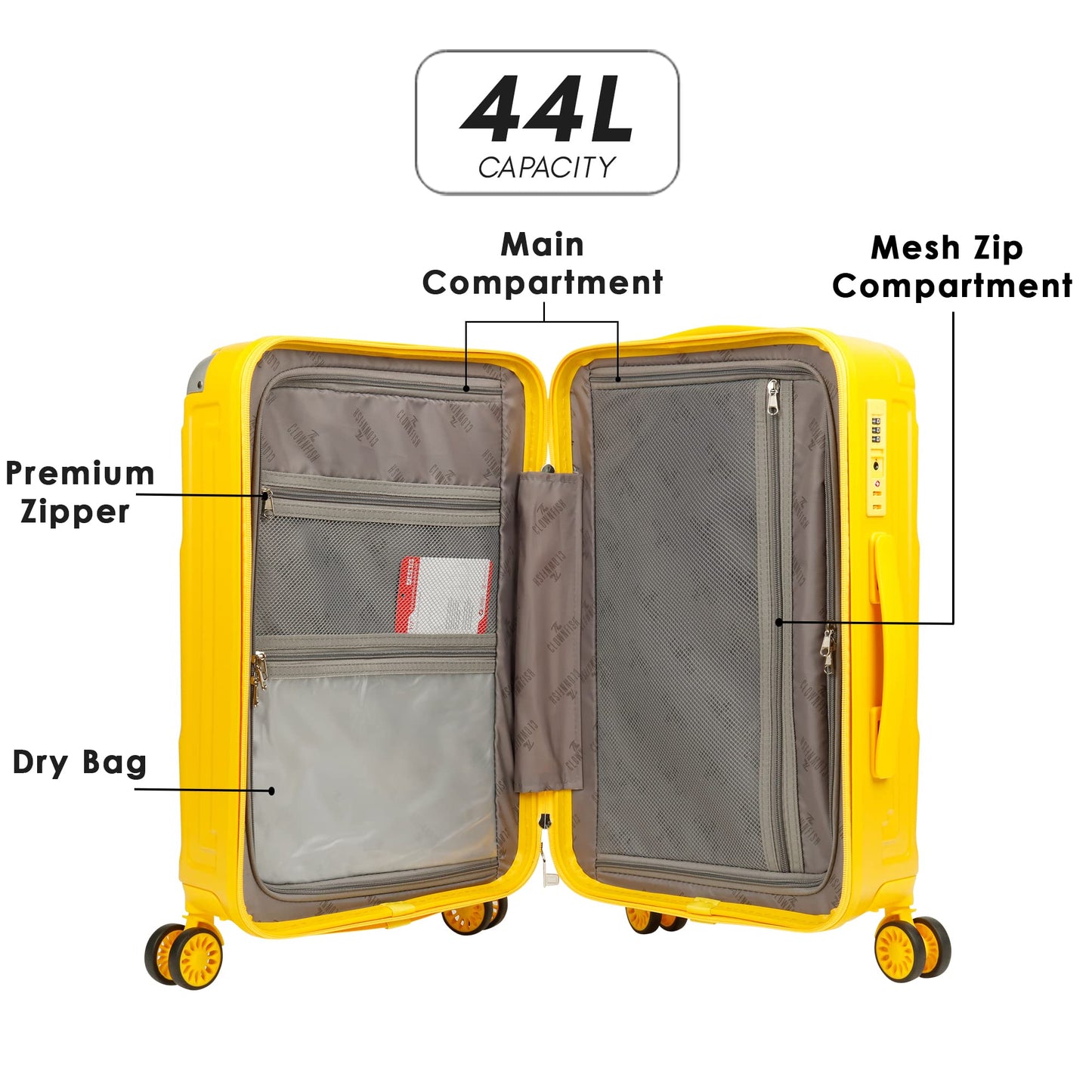 THE CLOWNFISH Ballard Series Luggage Abs & Polycarbonate Exterior Suitcase Eight Wheel Trolley Bag With Spinner Wheels, With Tsa Lock- Yellow (Small Size, 55 Cm-22 Inch)