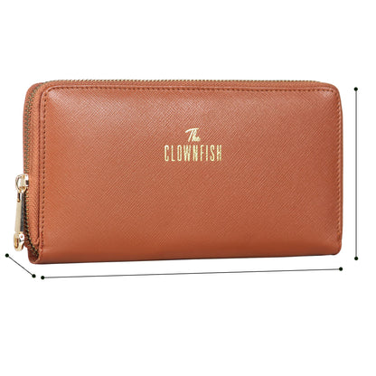 THE CLOWNFISH Monalisa Collection Genuine Leather Womens Wallet Clutch Ladies Purse with Multiple Card Slots & Metal Zip Around Closure (Tan)