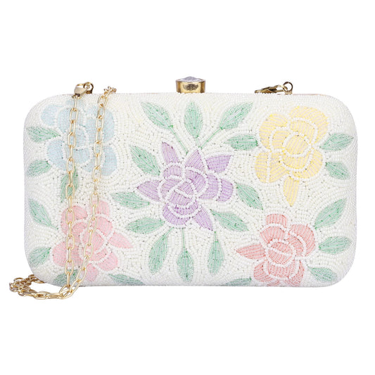 THE CLOWNFISH Norah Collection Womens Party Clutch Ladies Wallet with Chain Strap Evening Bag with Fashionable Round Corners Beads Work Floral Design (White)