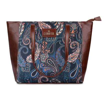 THE CLOWNFISH Valentine Printed Handicraft Fabric & Faux Leather Handbag for Women Office Bag Ladies Shoulder Bag Tote for Women College Girls (Marine Blue)
