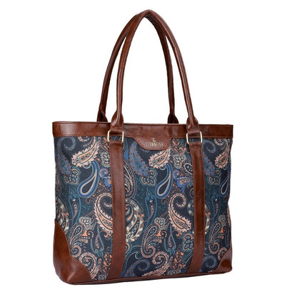 THE CLOWNFISH Miranda Series 15.6 inch Laptop Bag For Women Printed Handicraft Fabric & Faux Leather Office Bag Briefcase Hand Messenger bag Tote Shoulder Bag (Peacock Blue)