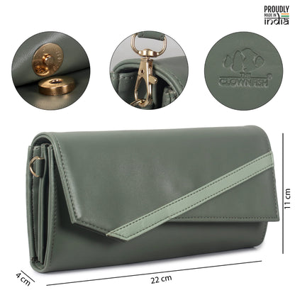 THE CLOWNFISH Ivana Series Womens Wallet Clutch Ladies Purse Sling Bag with multiple card slots (Olive Green)