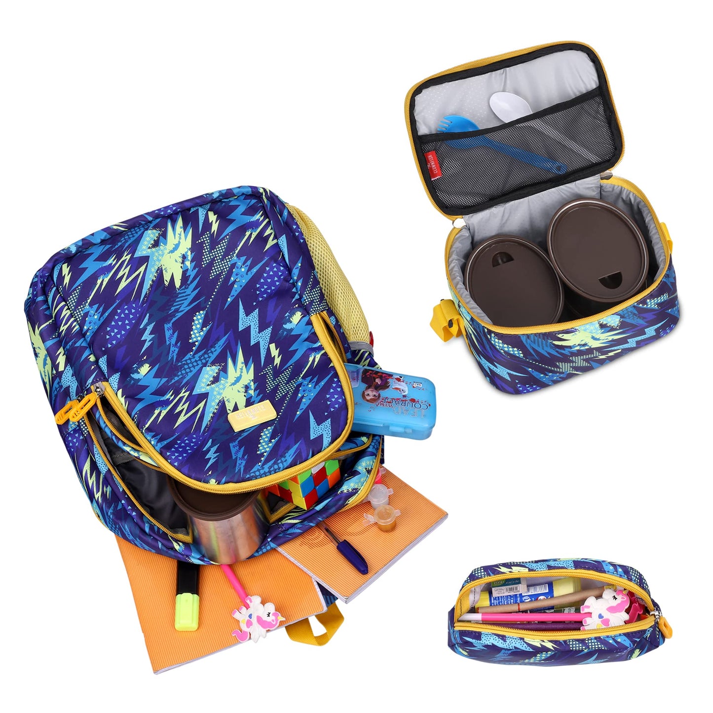THE CLOWNFISH Fuel & Focus Series Printed Polyester 30 L School Backpack with Pencil/Staionery Pouch & Lunch/Tiffin Bag School Bag Daypack Trio For School Going Boys & Girls (Lightning Blue)