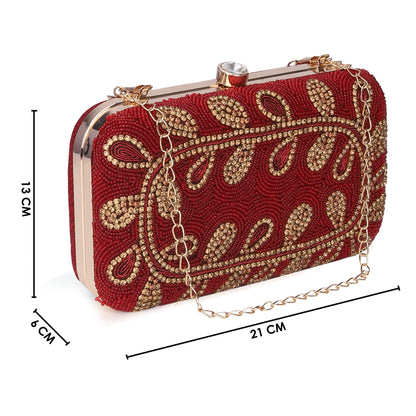 THE CLOWNFISH Angela Collection Womens Party Clutch Ladies Wallet Evening Bag with Fashionable Round Corners Beads Work Floral Design (Maroon)