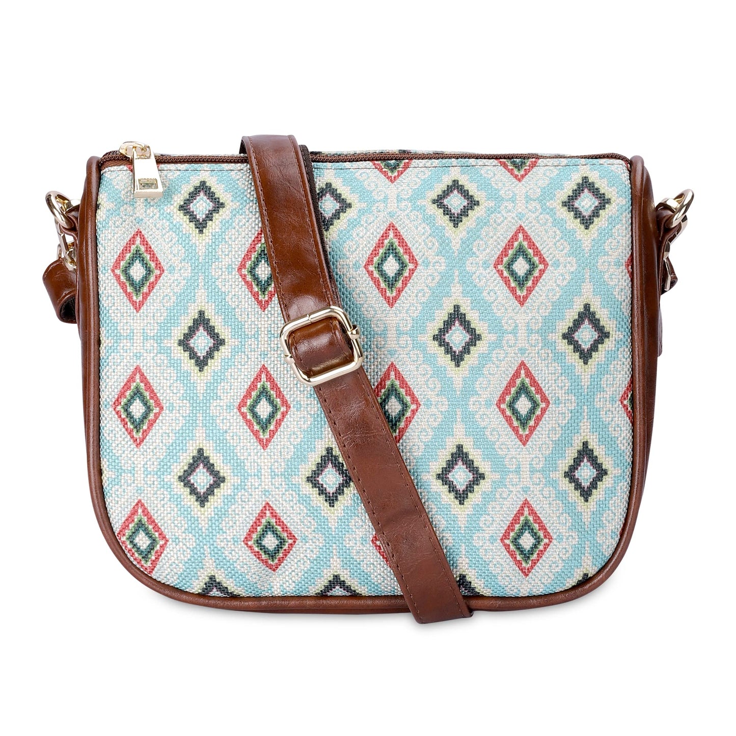 THE CLOWNFISH Garnet Series Printed Handicraft Fabric & Tapestry Crossbody Sling Bag for Women Ladies Single Shoulder Bag Shoulder Belt (Skyblue-Diamond)