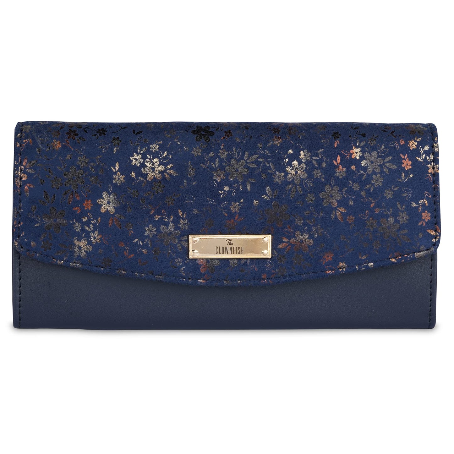 THE CLOWNFISH Jacinta Collection Womens Wallet Clutch Ladies Purse with Floral Design On Flap & Multiple Card Slots (Navy Blue)