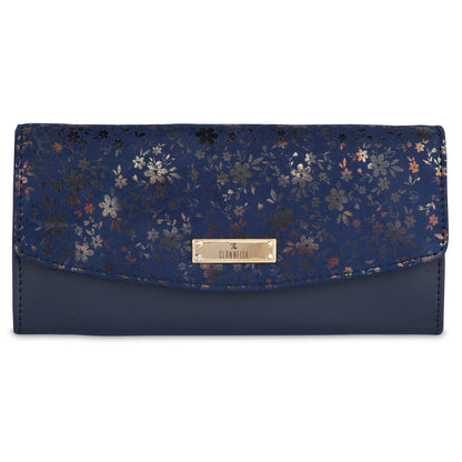 THE CLOWNFISH Jacinta Collection Womens Wallet Clutch Ladies Purse with Floral Design On Flap & Multiple Card Slots (Navy Blue)