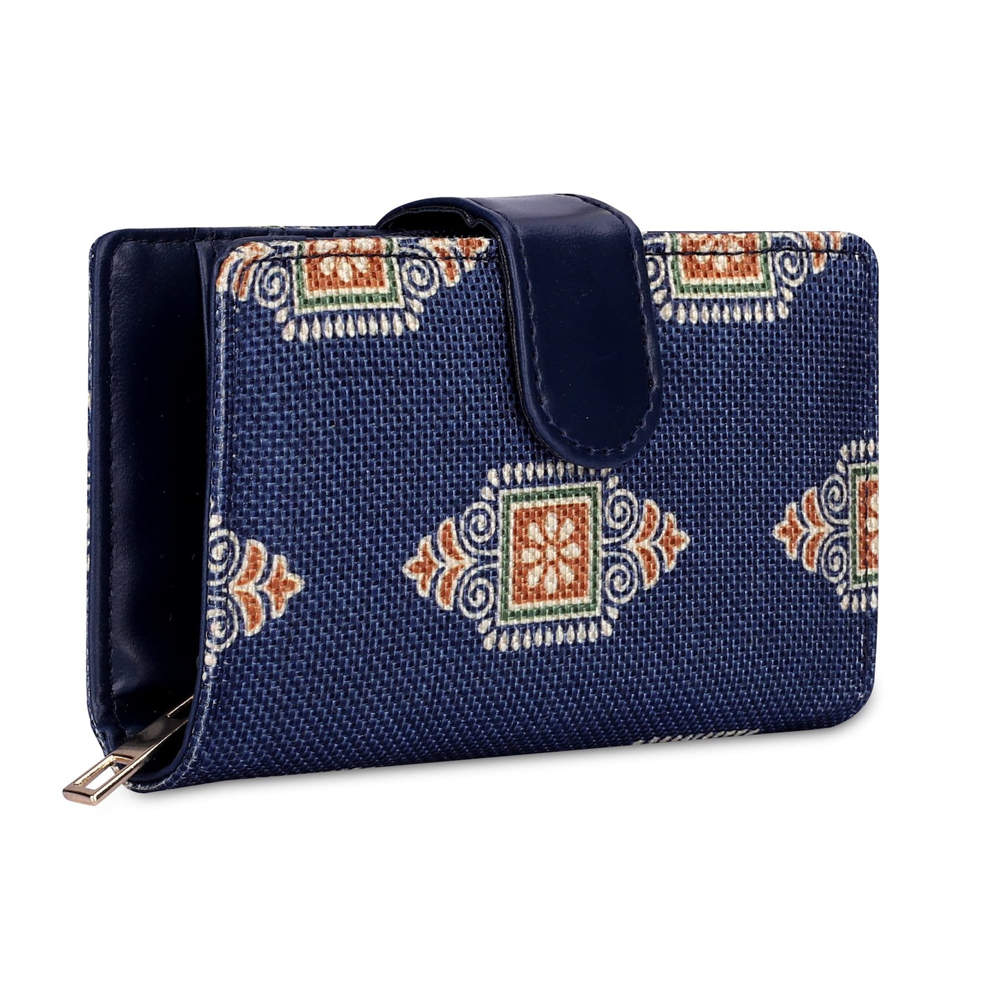 THE CLOWNFISH Fab Series Printed Handicraft Fabric & Vegan Leather Ladies Wallet Clutch Purse for Women Girls with Multiple Compartments (Dark Blue)