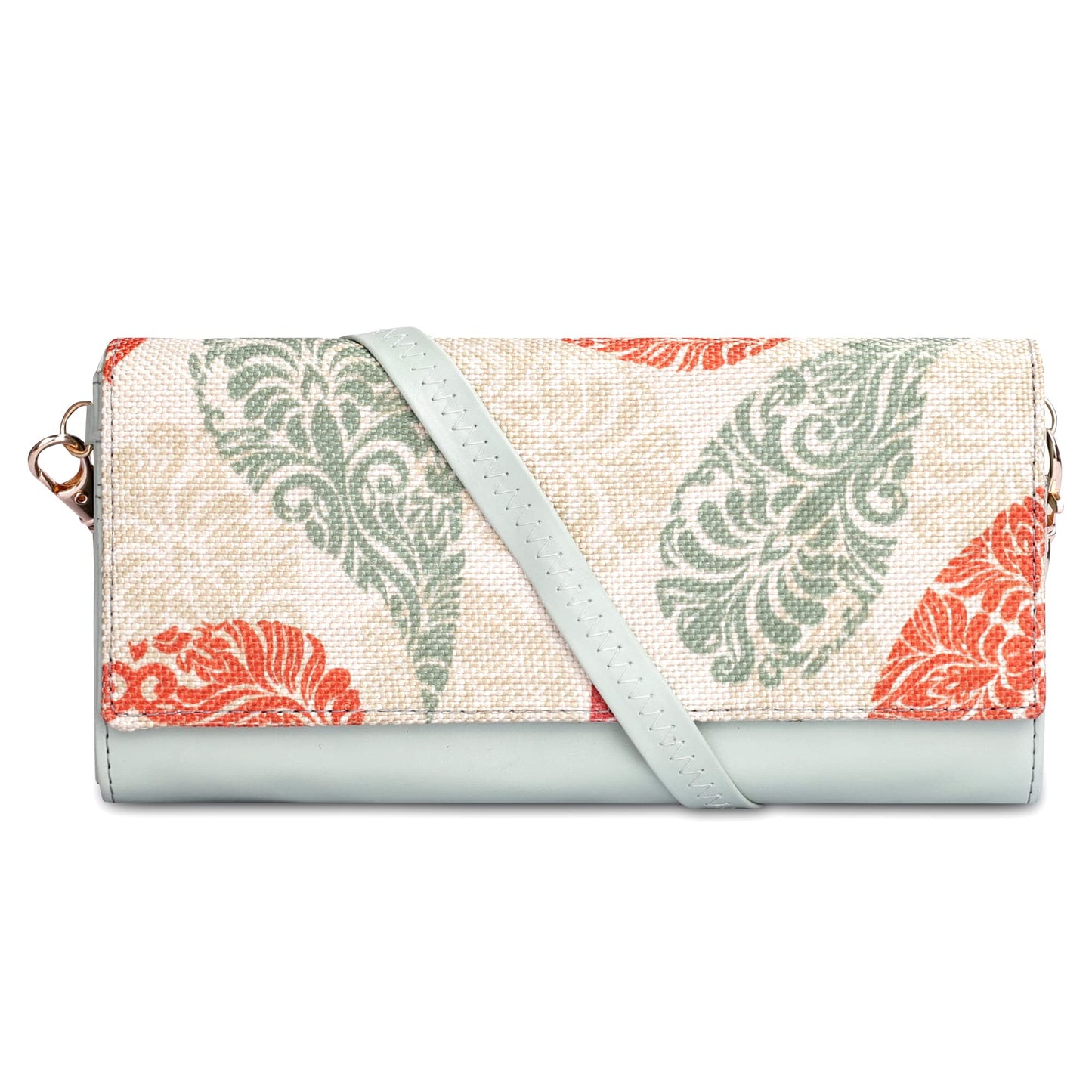 THE CLOWNFISH Women Jolene Printed Handicraft Fabric & Vegan Leather Ladies Wristlet Purse Sling Bag With Multiple Card Slots (Cream-Leaf Print)