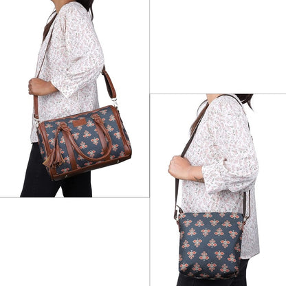 The Clownfish Combo of Lorna Printed Handicraft Fabric Handbag and Aahna Polyester Crossbody Sling bag for Women (Dark Grey)