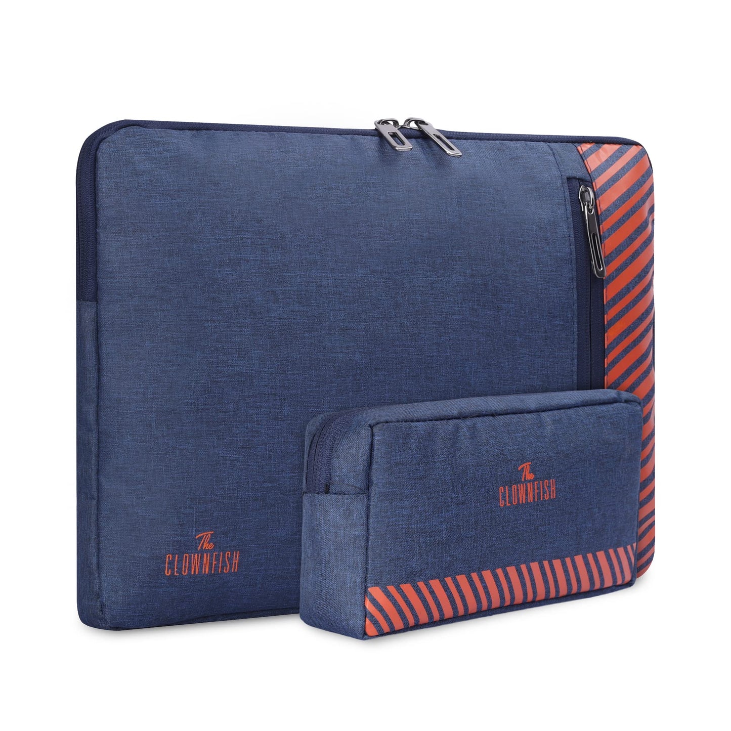 The Clownfish Combo of Algo Series Polyester 13 inch Laptop Sleeve & Scholar Series Multipurpose Polyester Travel Pouch Pencil Case Toiletry Bag (Blue)