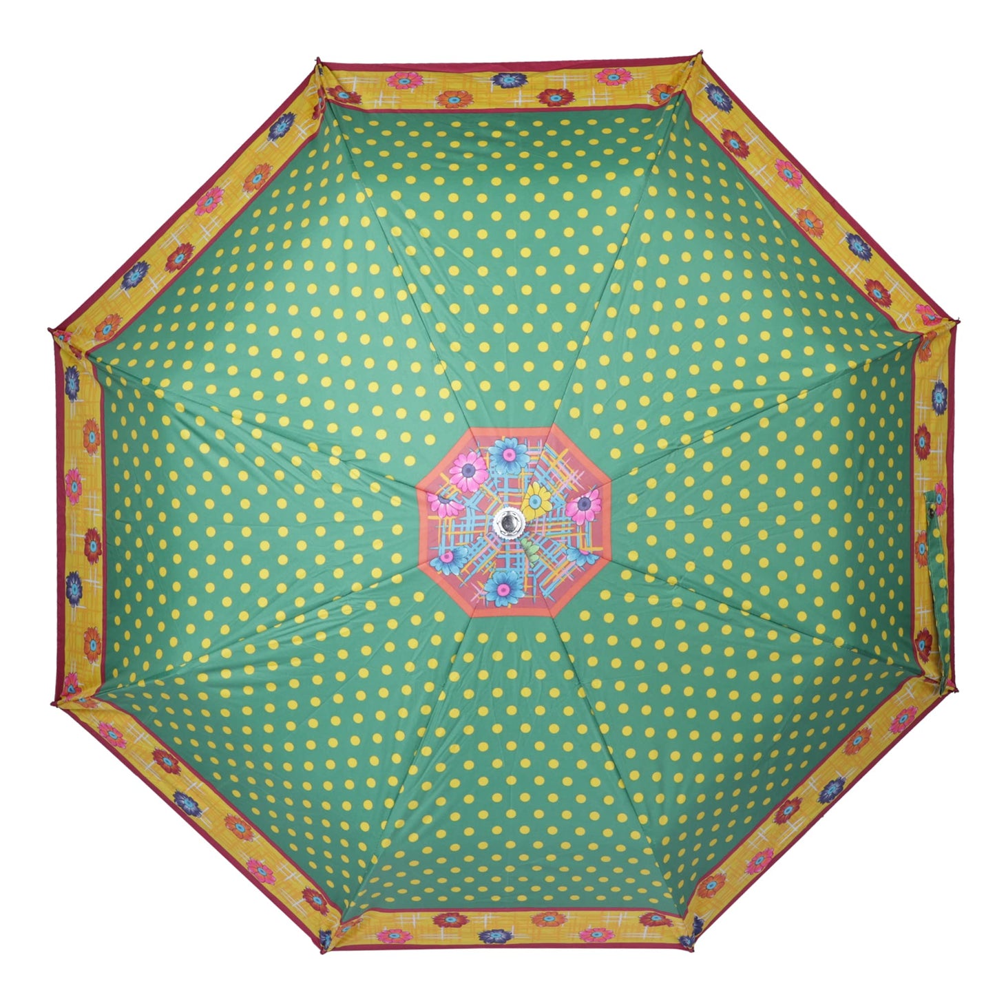THE CLOWNFISH Umbrella Polka Dot Series 3 Fold Auto Open Waterproof Water Repellent Nylon Double Coated Silver Lined Umbrellas For Men and Women (Green with Yellow border)