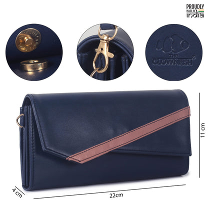 THE CLOWNFISH Ivana Series Womens Wallet Clutch Ladies Purse Sling Bag with multiple card slots (Navy Blue)