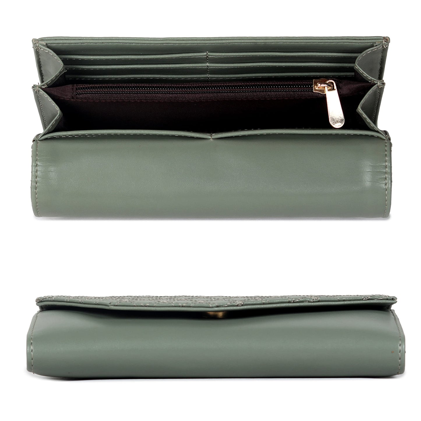 THE CLOWNFISH Helena Collection Womens Wallet Clutch Ladies Purse with Embroidery On Flap (Olive Green)