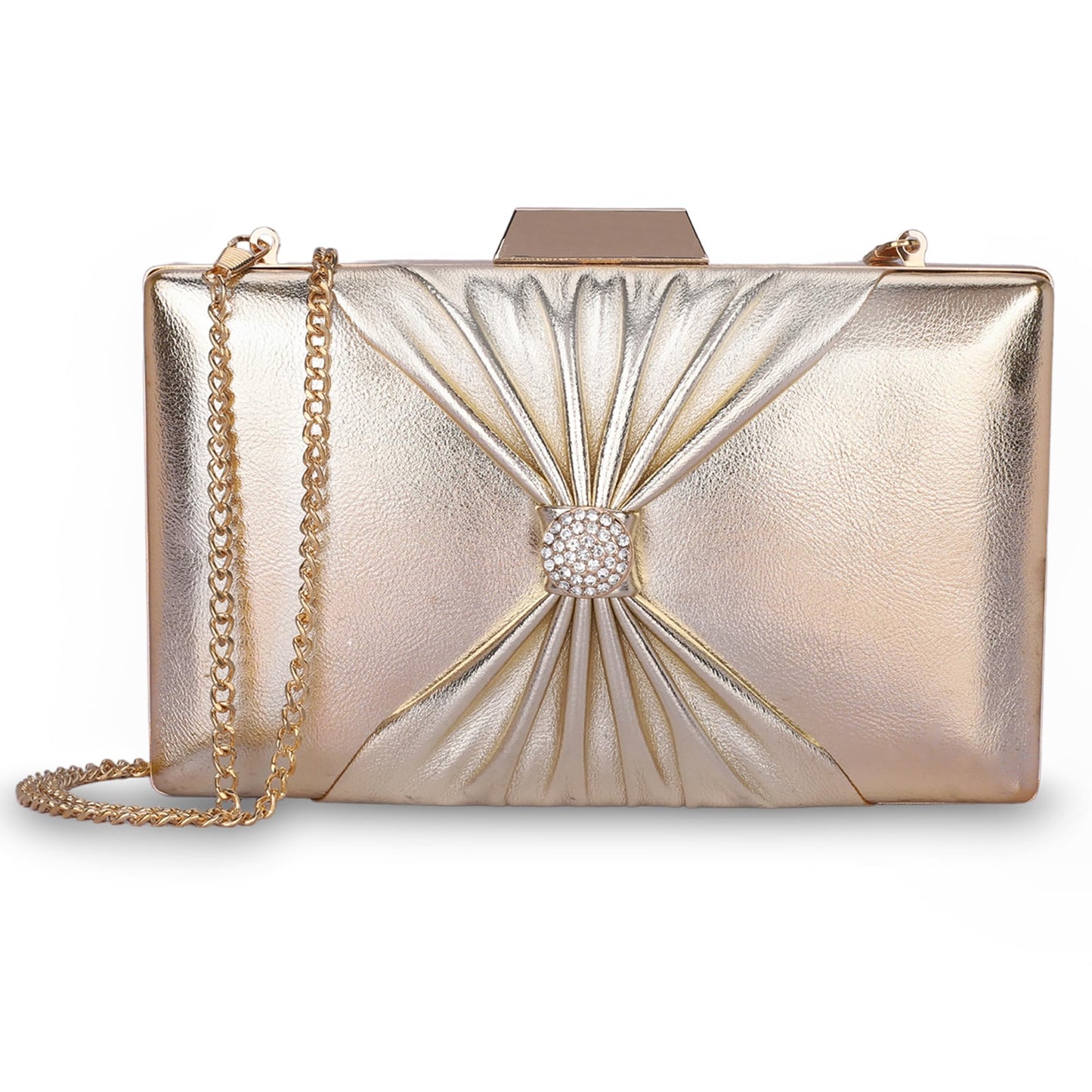 THE CLOWNFISH Ritzy Collection Faux Leather Womens Party Clutch Ladies Wallet with Chain Strap Evening Bag with Fashionable Button Closure (Light Golden)