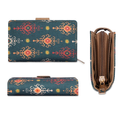 THE CLOWNFISH Fab Series Printed Handicraft Fabric & Vegan Leather Ladies Wallet Clutch Purse for Women Girls with Multiple Compartments (Green)