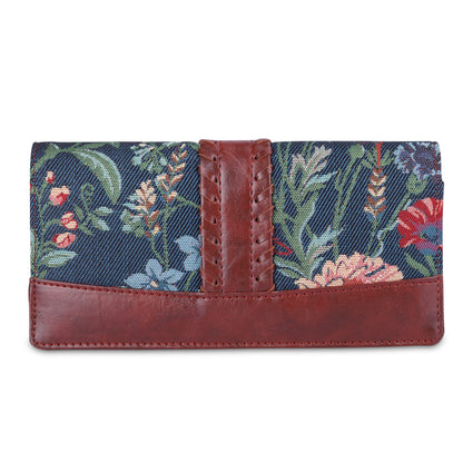 THE CLOWNFISH Serina Collection Tapestry Fabric & Faux Leather Snap Flap Style Womens Wallet Clutch Ladies Purse with Card Holders (Navy Blue-Floral)