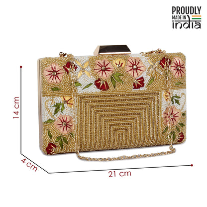 THE CLOWNFISH Senorita Collection Womens Party Clutch Ladies Wallet Evening Bag with Fashionable Beads Work and Floral Embroidered Design (Yellow Ochre)