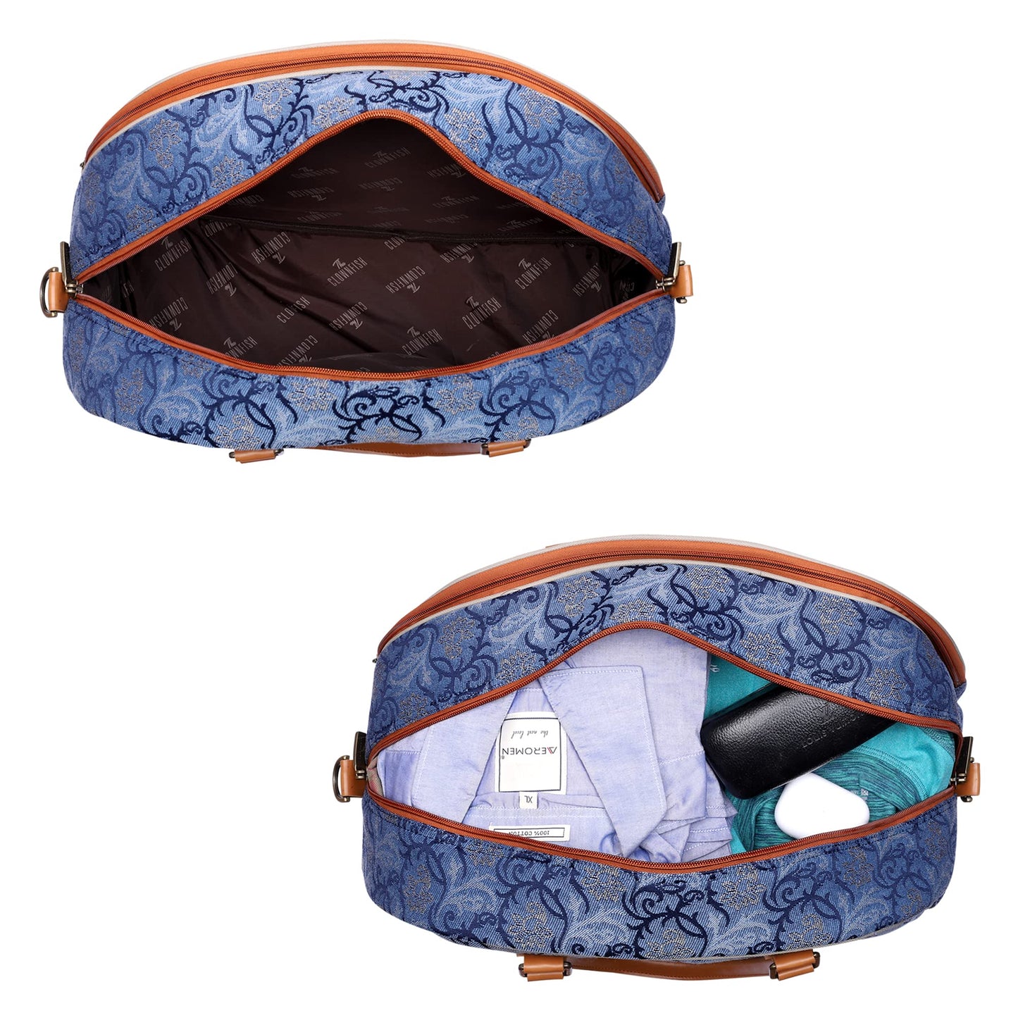 The Clownfish Ziana Series 24 litres Tapestry & Faux Leather Unisex Travel Duffle Bag Luggage Weekender Bag (Blue-Floral)