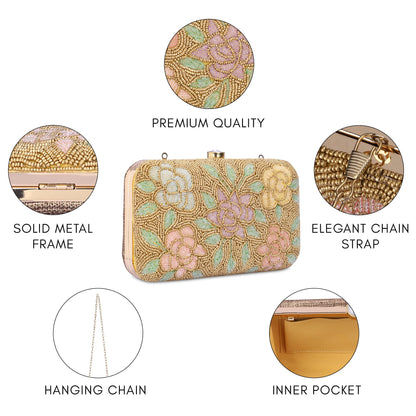 THE CLOWNFISH Norah Collection Womens Party Clutch Ladies Wallet with Chain Strap Evening Bag with Fashionable Round Corners Beads Work Floral Design (Yellow Ochre)