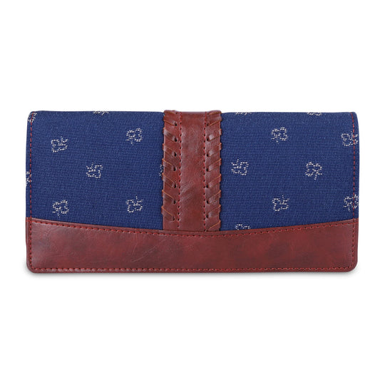 THE CLOWNFISH Serina Collection Tapestry Fabric & Faux Leather Snap Flap Style Womens Wallet Clutch Ladies Purse with Card Holders (Blue-Spade Design)