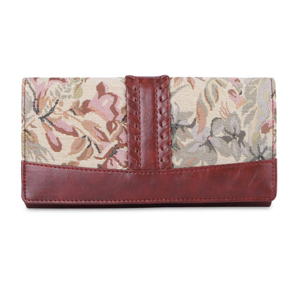 THE CLOWNFISH Serina Collection Tapestry Fabric & Faux Leather Snap Flap Style Womens Wallet Clutch Ladies Purse with Card Holders (Beige)