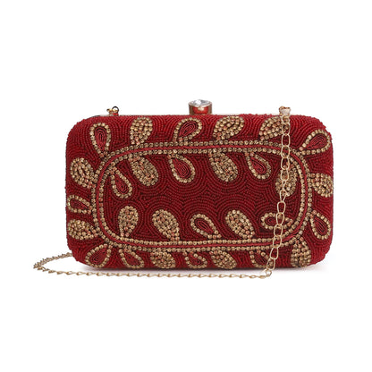 THE CLOWNFISH Angela Collection Womens Party Clutch Ladies Wallet Evening Bag with Fashionable Round Corners Beads Work Floral Design (Maroon)
